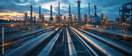 Oil and gas petrochemical industry refinery, with prominent steel pipelines, storage tanks, and industrial zone elements