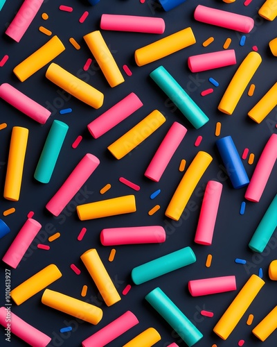 Colorful geometric shapes scattered on a dark background photo