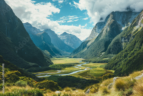 A mountain range with a river running through it photo