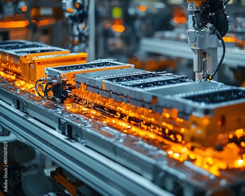 Precisionfocused closeup of mass production assembly line for electric vehicle battery cells, emphasizing modern technology and efficiency photo