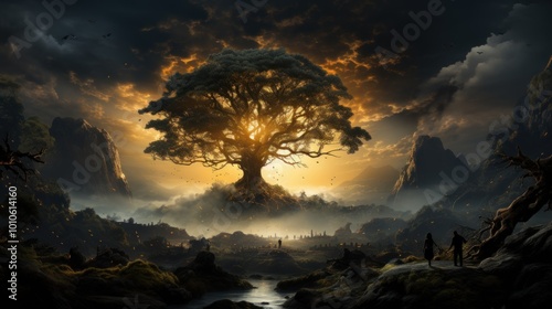 Enchanted Forest Landscape with a Mystical Tree