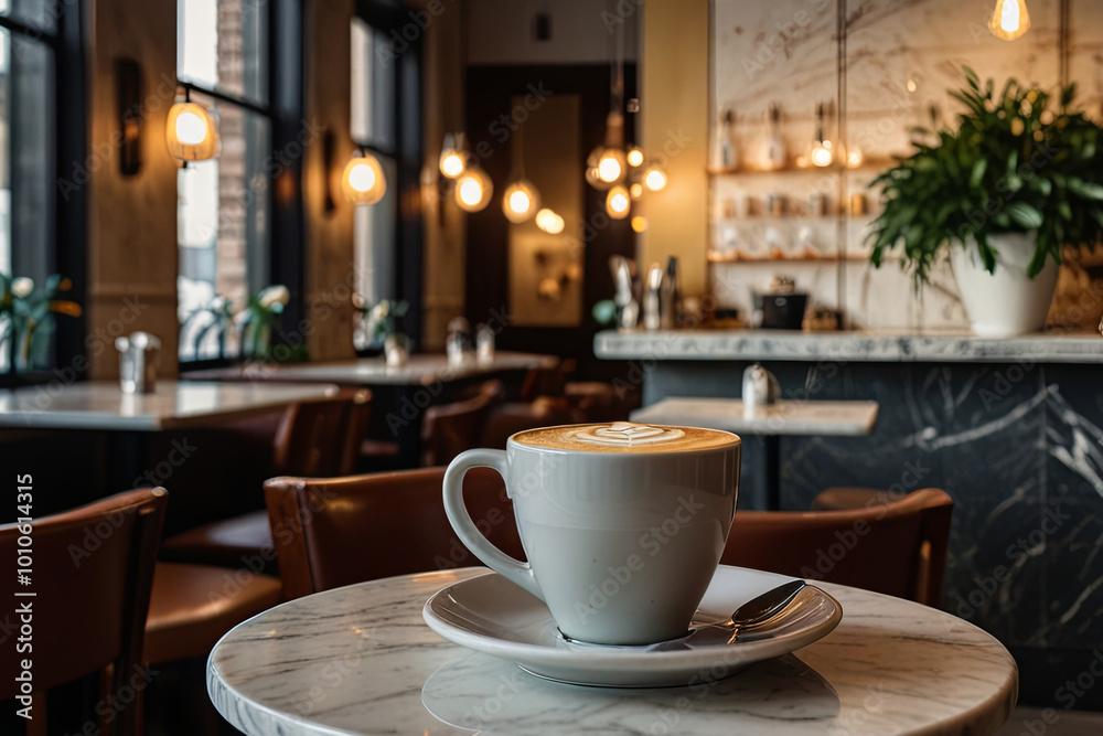 Inviting Coffee Drinks on Marble Table with Latte Art and Cappuccino, Surrounded by Lush Greenery in a Cozy Cafe Setting Inviting Coffee Drinks on Marble Table with Latte Art and Cappuccino, Surrounded by Lush Greenery in a Cozy Cafe Setting