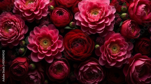 Dense Floral Arrangement of Red and Burgundy Shades Color Flowers