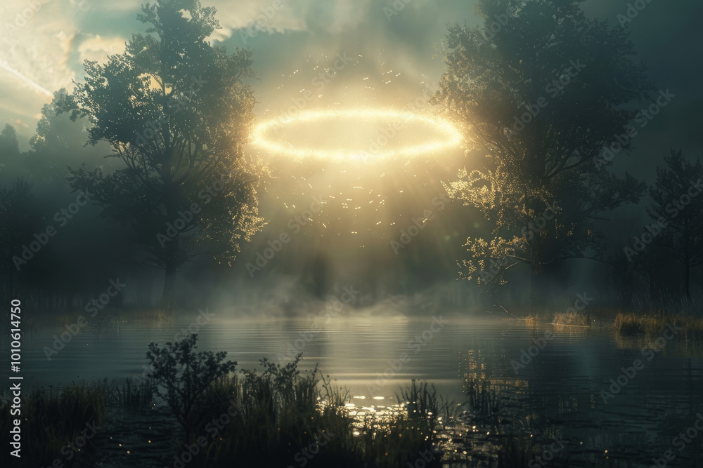 A glowing circle is hovering over a body of water A glowing circle is hovering over a body of water