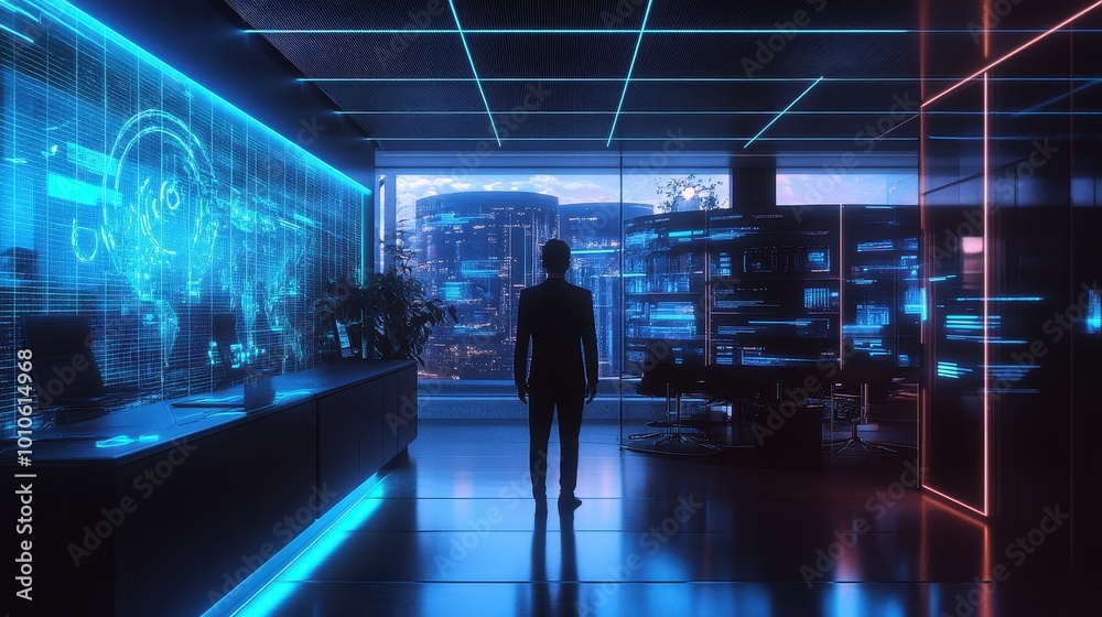 Futuristic City Landscape with Neon Lights and Silhouetted Figure Futuristic City Landscape with Neon Lights and Silhouetted Figure