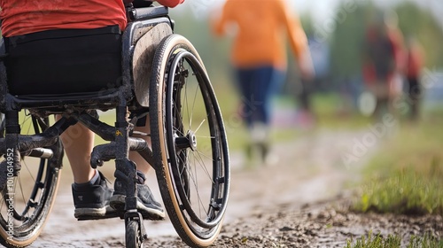 Close-up of a wheelchair user's legs and wheels on a dirt path