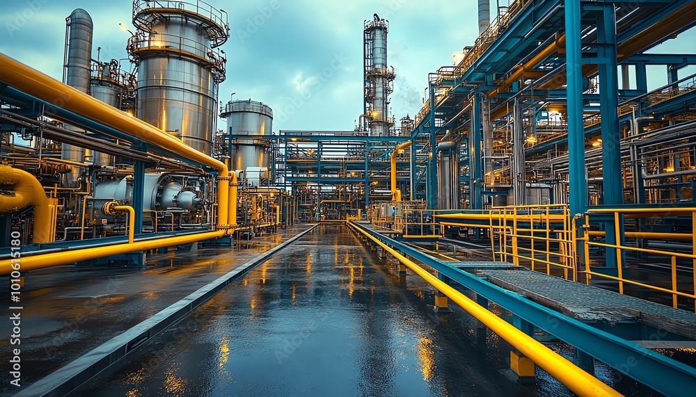 Steel pipelines and storage tanks of an oil refinery in an industrial zone, highlighting the scale and functionality of the petrochemical industry Steel pipelines and storage tanks of an oil refinery in an industrial zone, highlighting the scale and functionality of the petrochemical industry