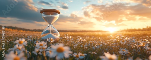 Tranquil field scene and hourglass, creating a slow life background with ample copy space for reflections on time and peace