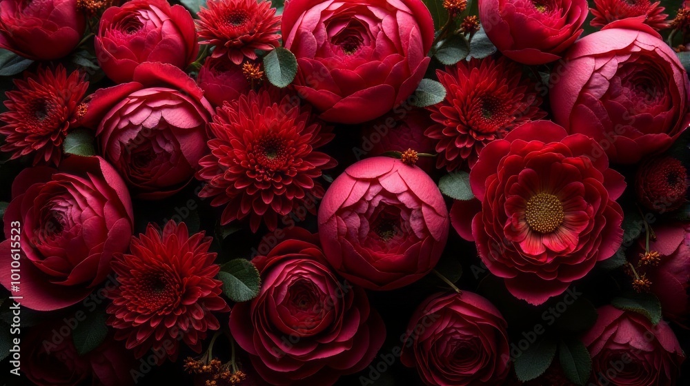 Dense Floral Arrangement of Red and Burgundy Shades Color Flowers Dense Floral Arrangement of Red and Burgundy Shades Color Flowers