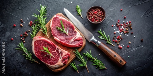 A close-up view of fresh raw meat cuts on a wooden cutting board, surrounded by sprigs of rosemary and a scattering of colorful peppercorns and salt crystals.