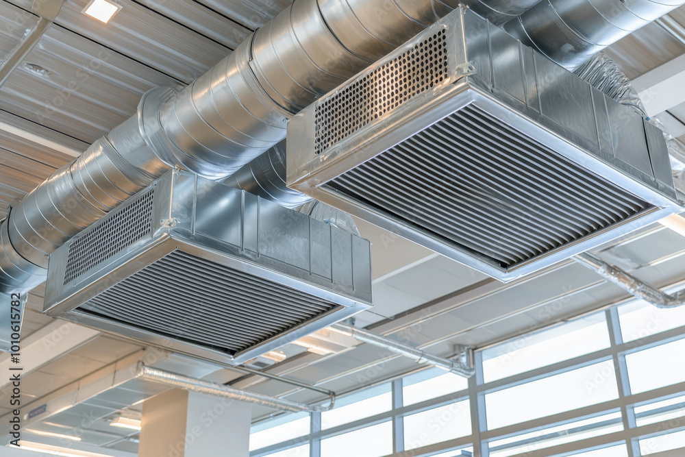 Fototapeta premium A view of industrial air conditioning units mounted on the ceiling, designed for efficient climate control in a modern space.