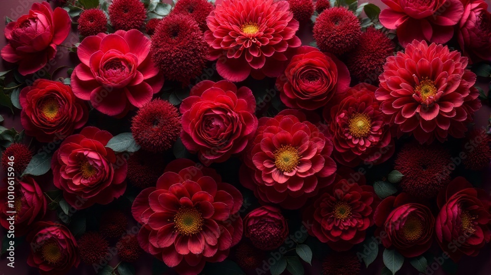 Dense Floral Arrangement of Red and Burgundy Shades Color Flowers Dense Floral Arrangement of Red and Burgundy Shades Color Flowers