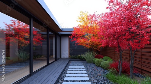 Modern Home with Zen Courtyard Garden Stone Pathway and Autumn Trees