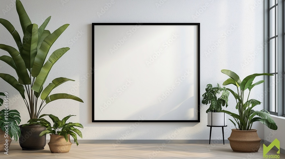 Modern Room with Empty Frame and Green Plants Modern Room with Empty Frame and Green Plants