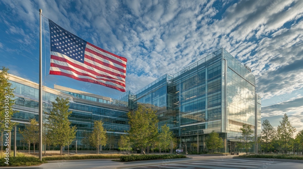 Fototapeta premium Modern glass office building with an American flag waving in front.
