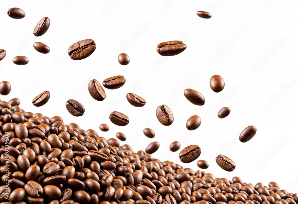 Obraz premium Coffee beans scattered in the air isolated on a white background. Falling coffee beans on white space