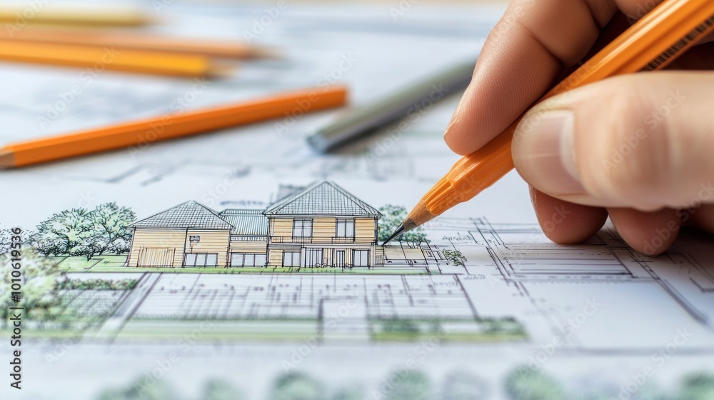 Hand drawing a house plan with a pencil on a blueprint. Hand drawing a house plan with a pencil on a blueprint.