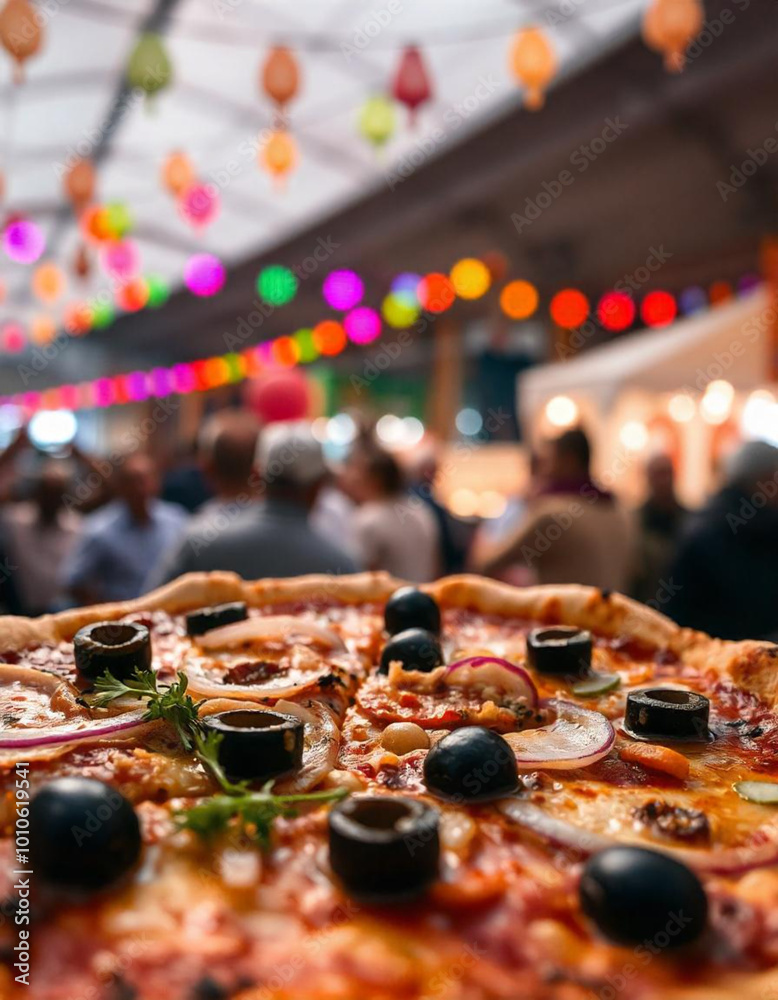 A freshly baked pizza with a thin crust, topped with tomato sauce, mozzarella cheese, sliced bell peppers, black olives, and fresh basil leaves. The pizza on a wooden board in a cozy blurred restauran A freshly baked pizza with a thin crust, topped with tomato sauce, mozzarella cheese, sliced bell peppers, black olives, and fresh basil leaves. The pizza on a wooden board in a cozy blurred restauran