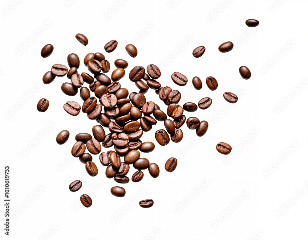 Obraz premium Coffee beans scattered in the air isolated on a white background. Falling coffee beans on white space
