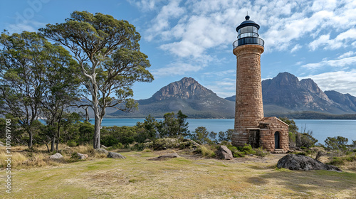 Lighthouse on a Hillside Overlooking a Bay photo