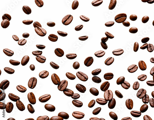 Coffee beans scattered in the air isolated on a white background. Falling coffee beans on white space photo