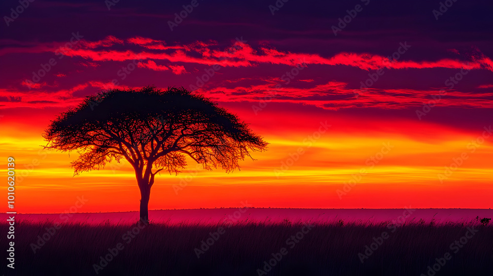 Silhouetted Tree Against Fiery Sunset Silhouetted Tree Against Fiery Sunset