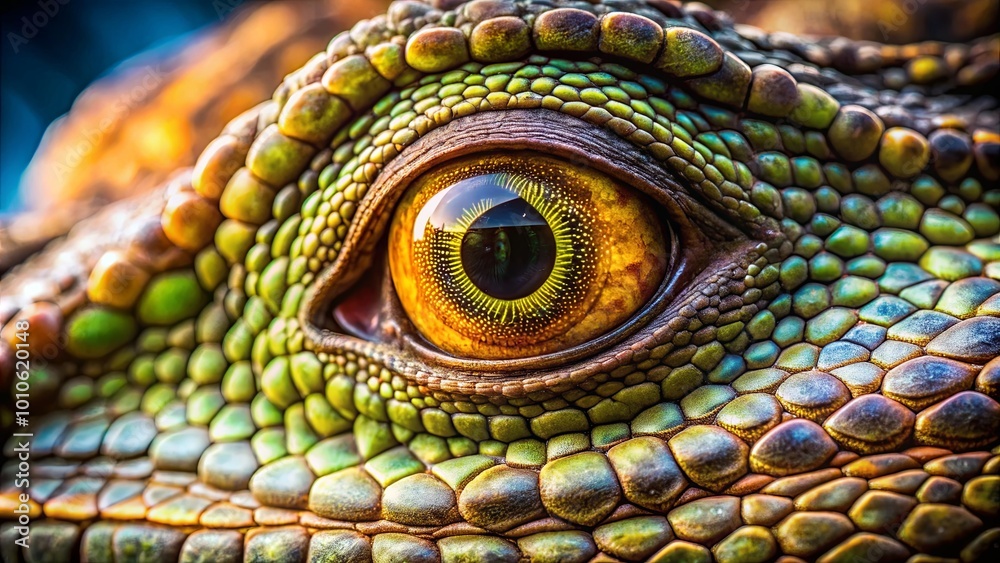 Fototapeta premium A close-up view of a reptilian eye, showcasing the intricate detail of its scales and the captivating glow of its golden iris.