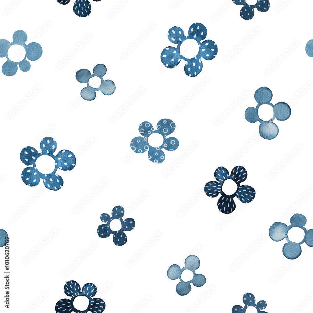 Seamless pattern with blue watercolor flowers on white background. Seamless pattern with blue watercolor flowers on white background.