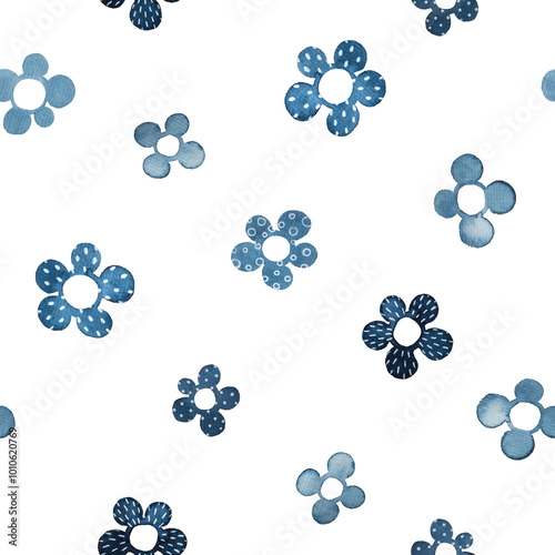 Seamless pattern with blue watercolor flowers on  white background.