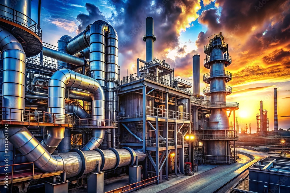 Fototapeta premium Industrial Power: A Symphony of Steel and Steam, The Backbone of Progress in Pipes, Blueprints, and Engineering Marvels