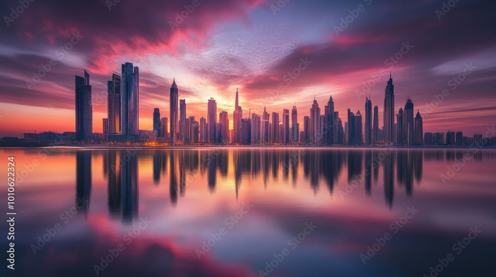 A beautiful cityscape at sunrise, with a reflection of the buildings in the water. A beautiful cityscape at sunrise, with a reflection of the buildings in the water.