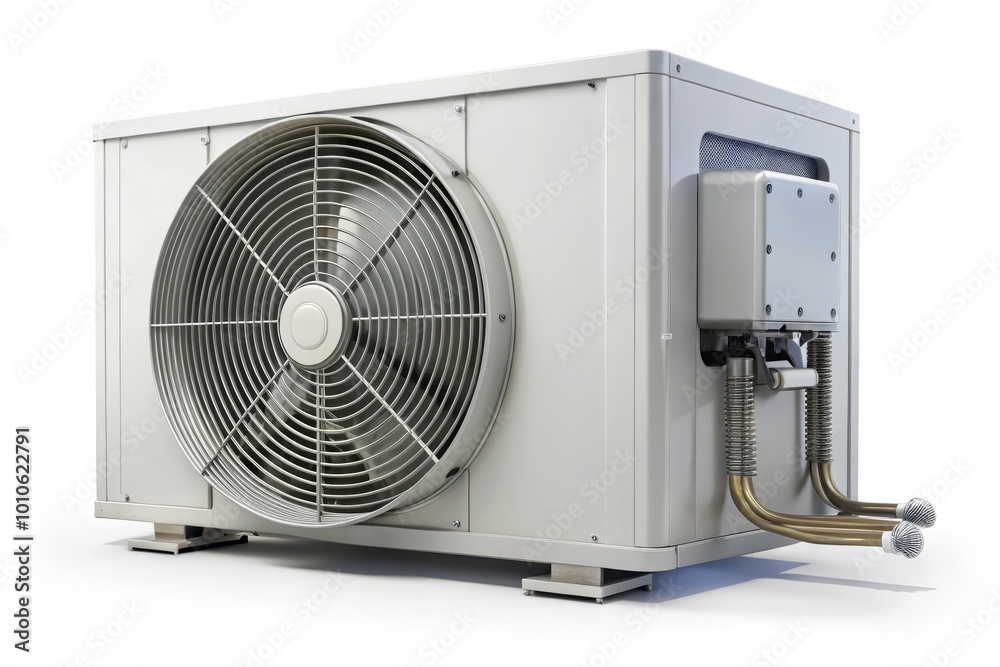 Isolated Condenser Unit for Central Air Conditioning System with Electric Fan and Pump on White Background for HVAC Isolated Condenser Unit for Central Air Conditioning System with Electric Fan and Pump on White Background for HVAC