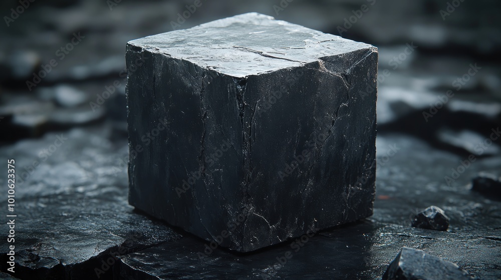 A dark, textured cube resting on a rocky surface. A dark, textured cube resting on a rocky surface.