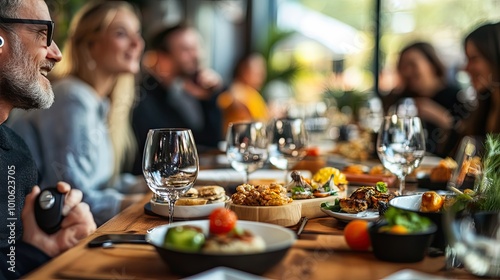 Man with Glasses and Grey Beard Smiling at a Table Full of Food and Drinks