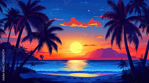 A vibrant tropical sunset with palm trees silhouetted against a fiery sky and a calm ocean.