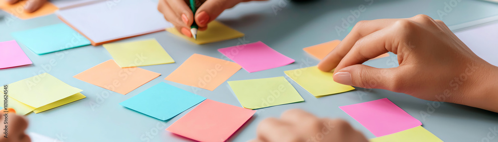 Hands writing on colorful sticky notes on a desk. Hands writing on colorful sticky notes on a desk.