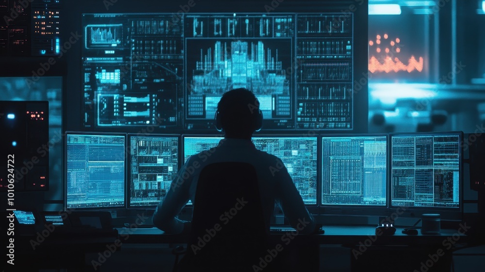 Futuristic Hacker in a Cyber Command Center Futuristic Hacker in a Cyber Command Center