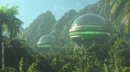 Futuristic Alien Research Facility Among Majestic Mountains in Hyperrealistic 3D Rendering photo