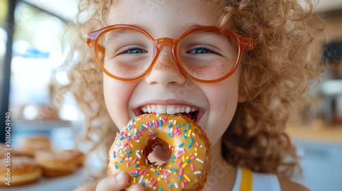 Child enjoying a colorful donut photo