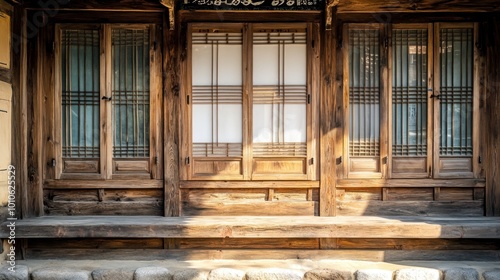Traditional wooden door with lattice windows on a traditional asian house with a stone pathway.
