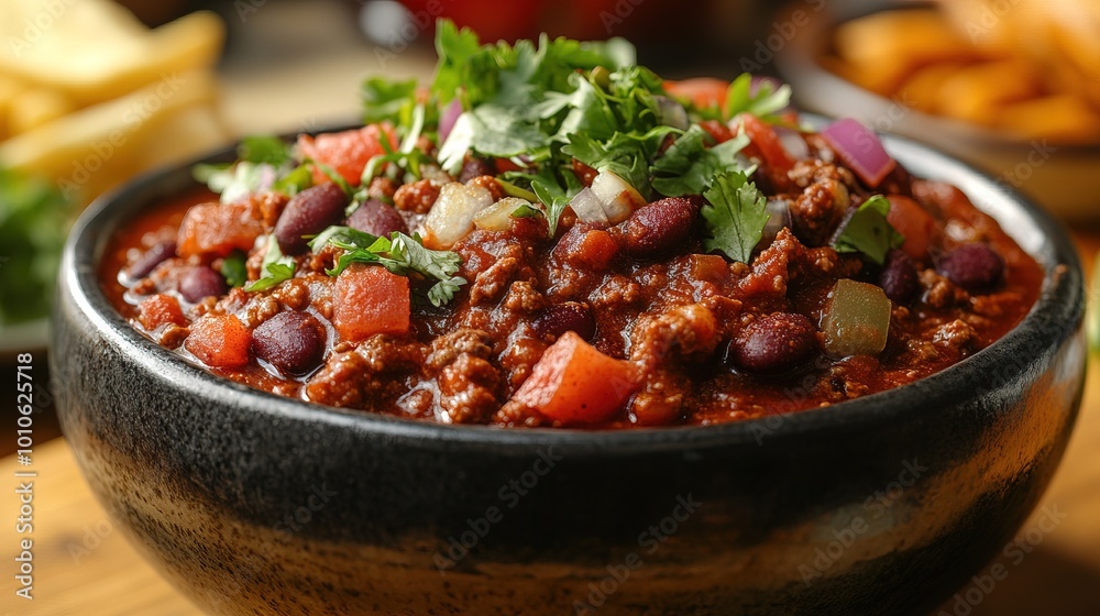 A hearty bowl of chili filled with chunks of beef A hearty bowl of chili filled with chunks of beef