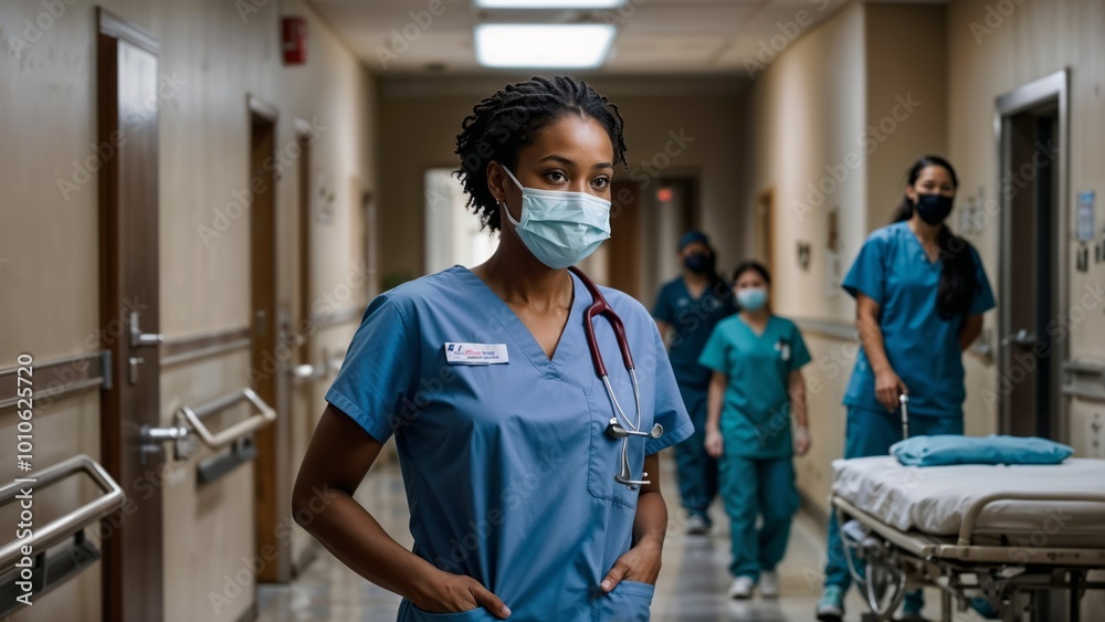 Fototapeta premium Nurse in Scrubs Walking Down Hospital Corridor