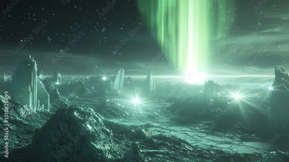 Alien Civilization Chronicles: Hyperrealistic 3D Rendering of Vast Tundra Landscape with Icebergs, Creatures, and Luminous Aurora Alien Civilization Chronicles: Hyperrealistic 3D Rendering of Vast Tundra Landscape with Icebergs, Creatures, and Luminous Aurora