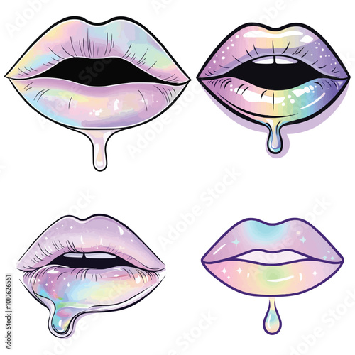 Set of pastel goth-style illustration featuring dripping lips vector