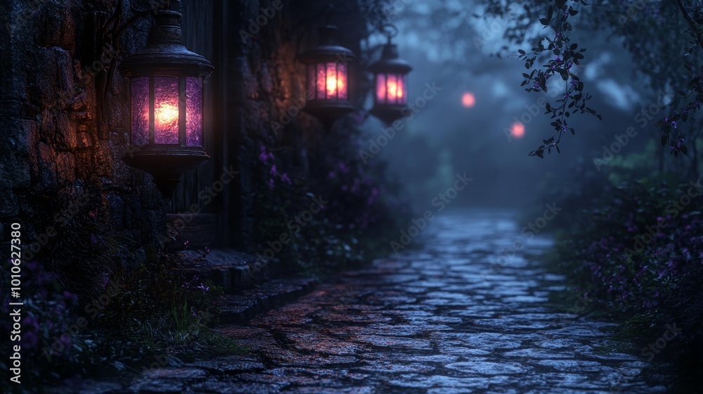 Fototapeta premium Mysterious Lantern-Lit Pathway at Night Generative AI