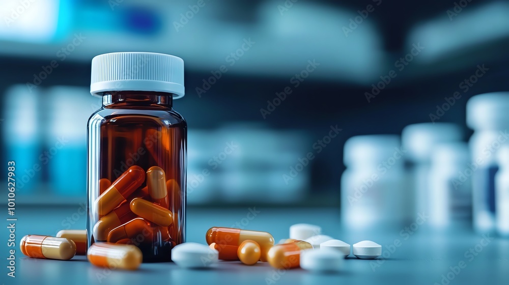 Pill bottle with various capsules on table Pill bottle with various capsules on table