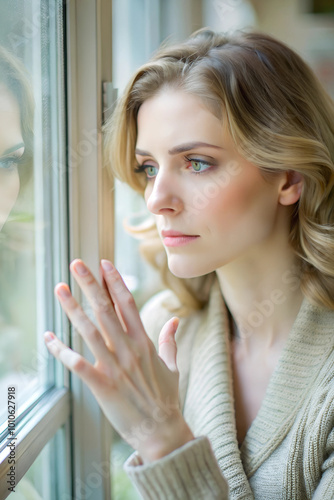 A woman in her mid-30s, gazing out of a window with a soft, melancholic expression