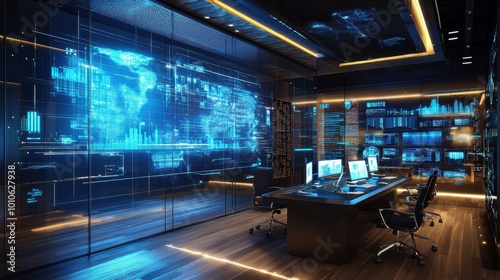 Futuristic High-Tech Corporate Office with Holographic World Map Display