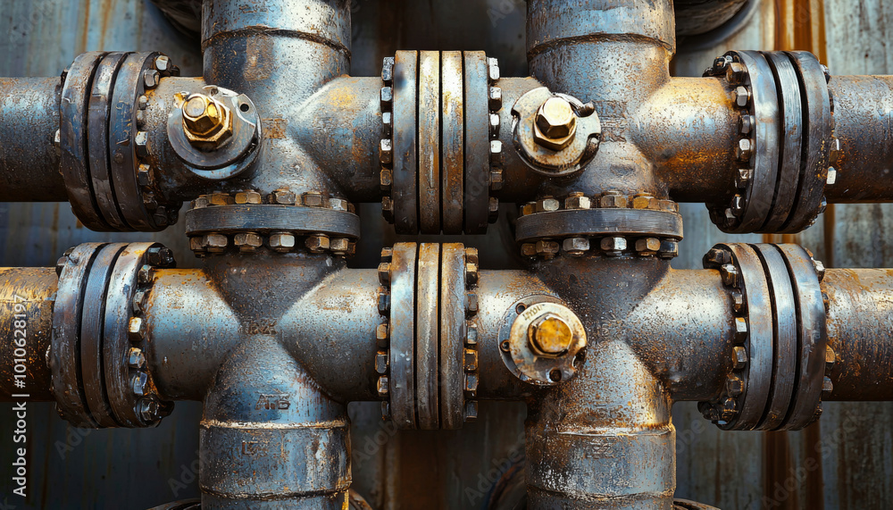 A close-up view of interconnected industrial pipes and fittings, showcasing rust and wear, indicative of heavy usage. A close-up view of interconnected industrial pipes and fittings, showcasing rust and wear, indicative of heavy usage.