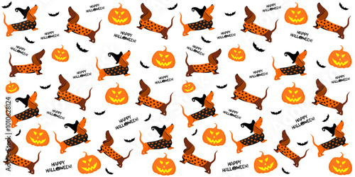Halloween seamless background with dachshund dog, bats and pumpkin. Good for textile fabric design, wrapping paper, website wallpapers, textile, wallpaper and apparel. Vector illustration